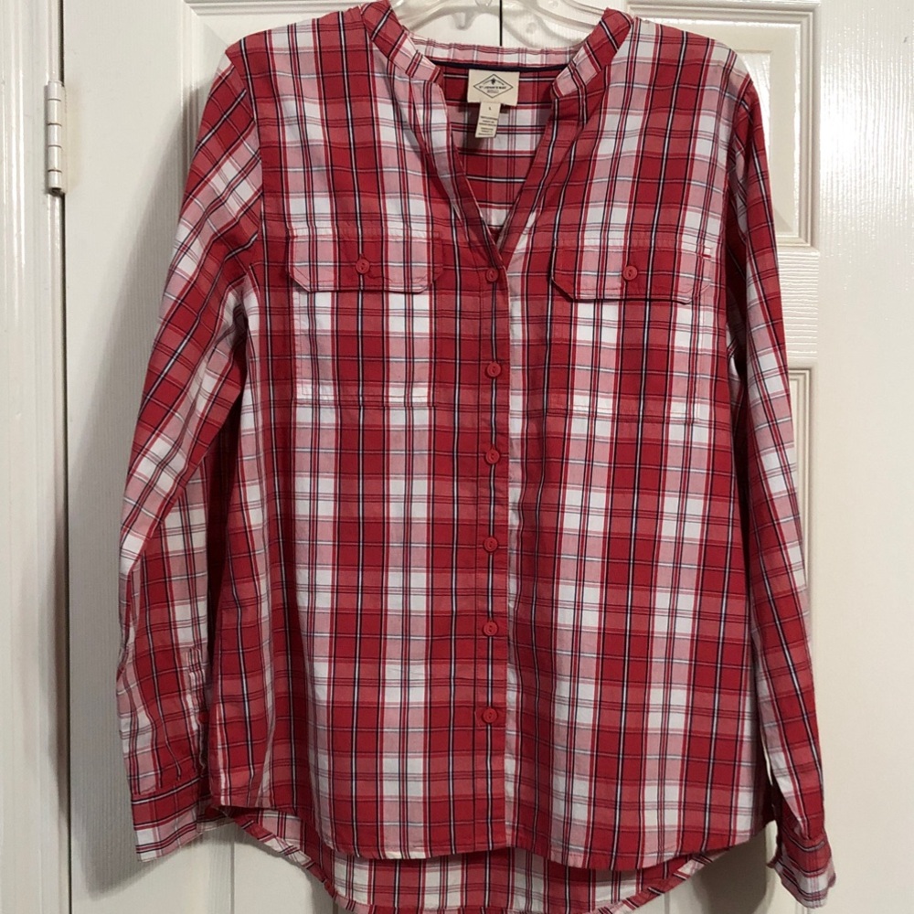 St. John's Bay Dark Pink and White Plaid Shirt Size Large Long Sleeves